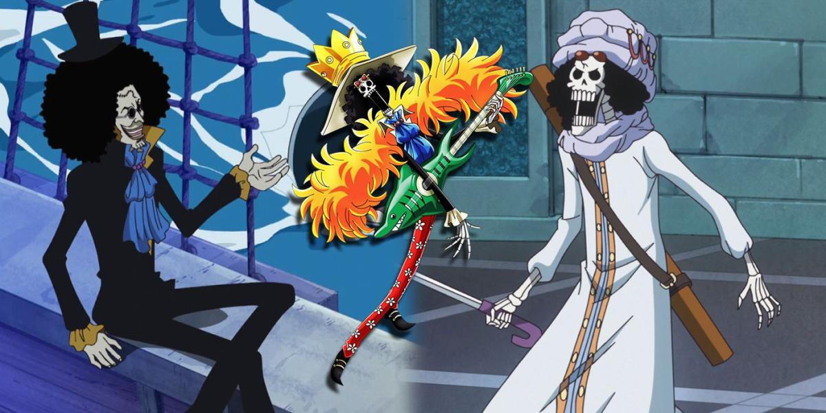 One Piece - Brook como um humano falando com Laboon e Brook como um esqueleto em sua roupa durante Whole Cake Island
