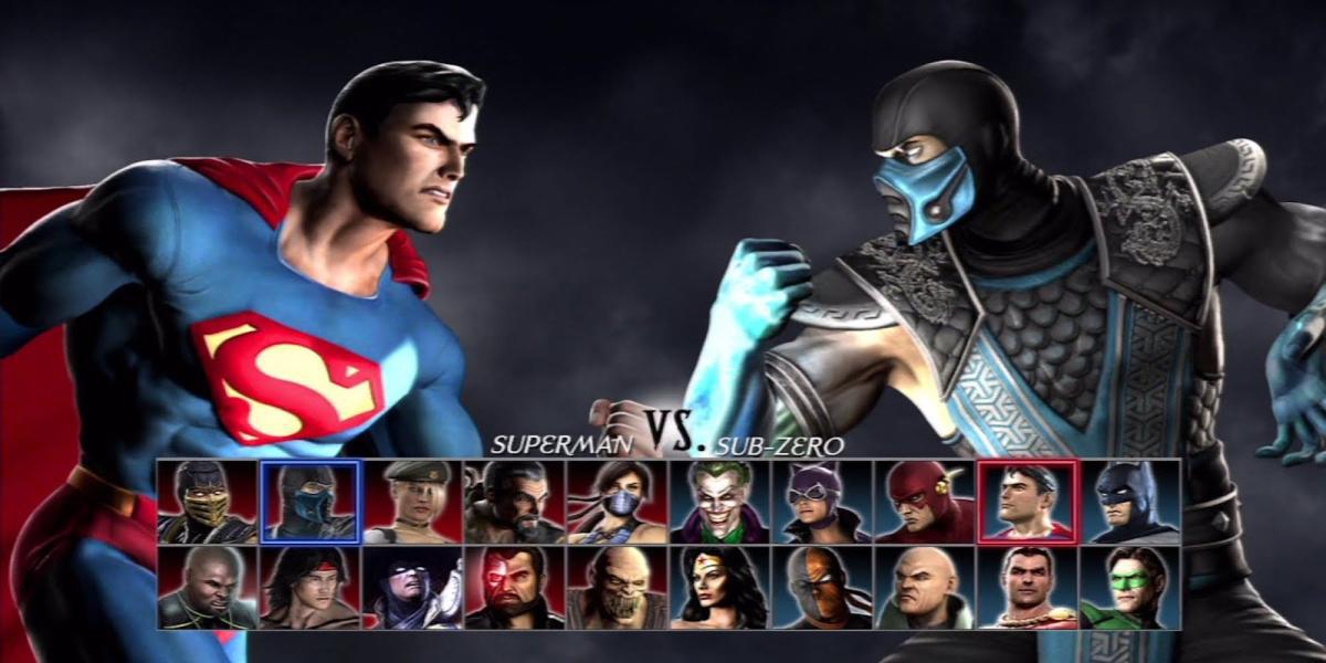 A tela de seleção de personagem em Mortal Kombat vs DC Universe