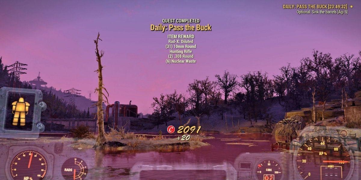 Fallout 76 jogador olhando para as recompensas da missão