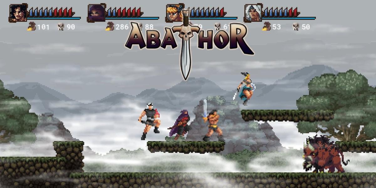Heróis de Abathor lutando contra um monstro javali na floresta enevoada