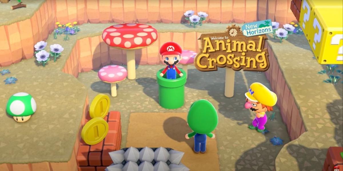 Animal Crossing New Horizons logo com Mario, Luigi e Wario
