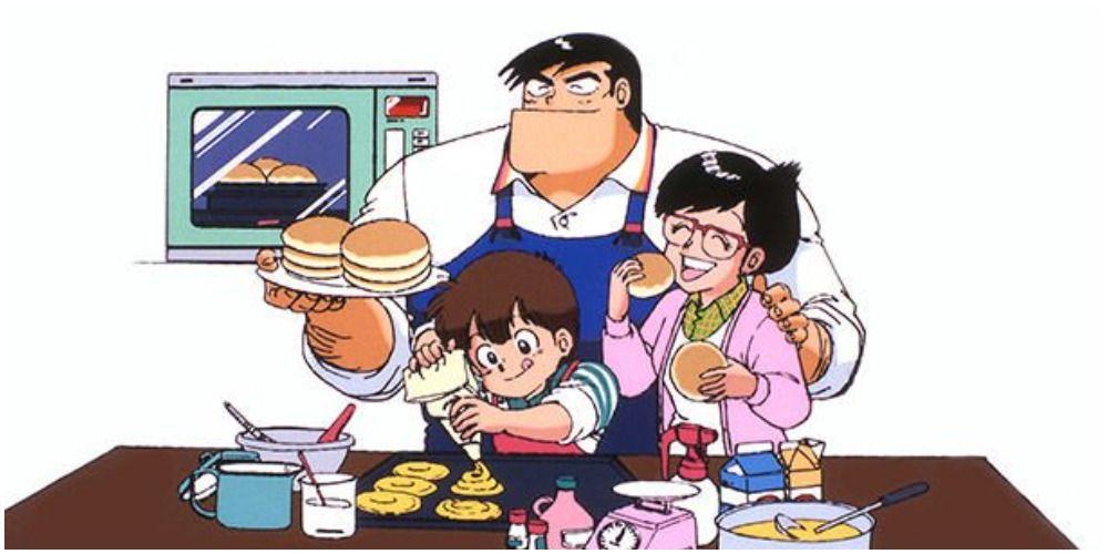 Um homem cozinhando com sua esposa e filho.
