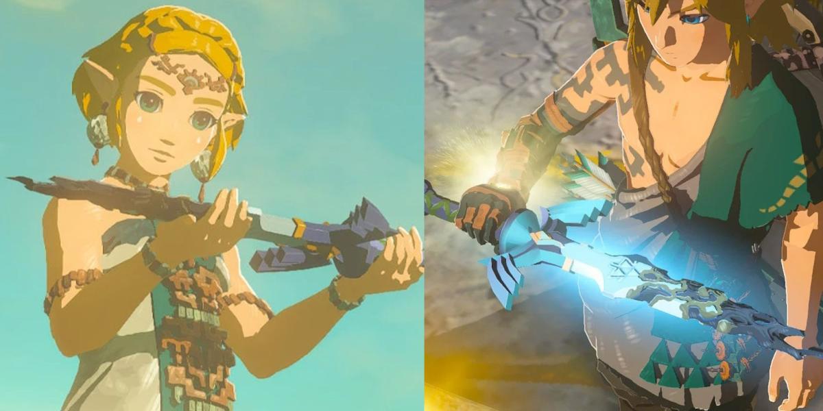 Zelda segurando uma Master Sword quebrada; Link segurando uma Master Sword quebrada