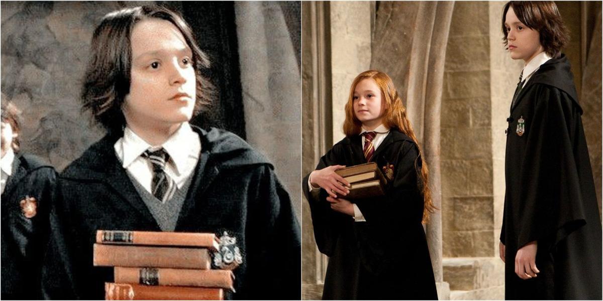 Imagem dividida de Snape e Lily Evans em Hogwarts em Harry Potter.