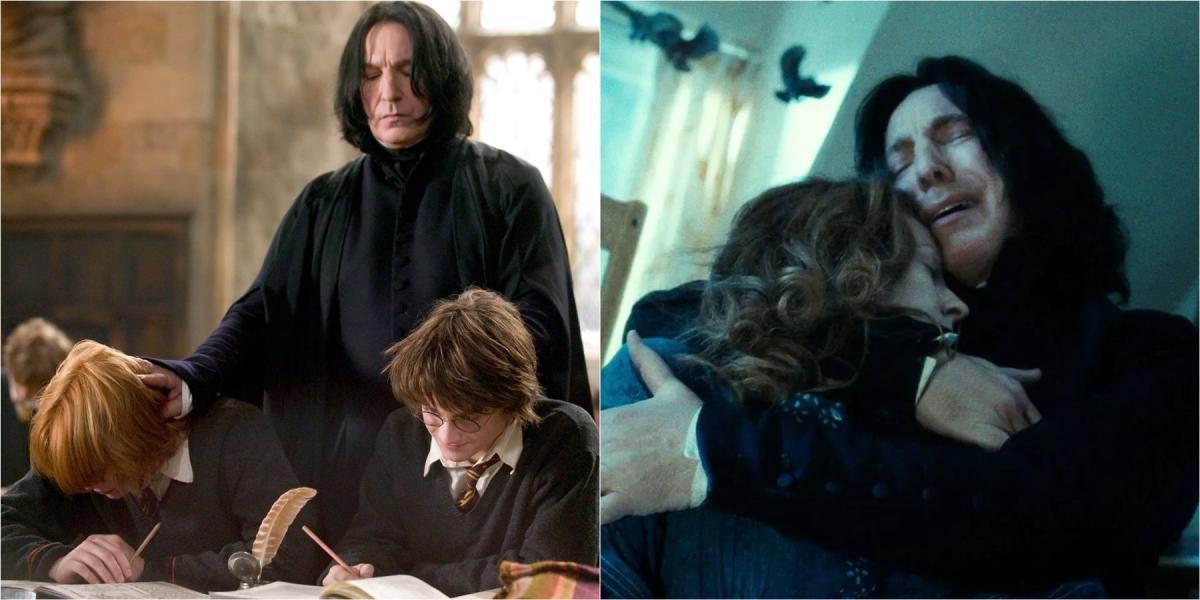 Imagem dividida de Ron Weasley, Harry Potter Snape e Lily Potter em Harry Potter.
