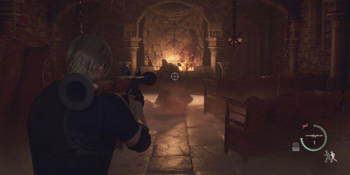 Leon aponta seu lançador de foguetes no remake de Resident Evil 4