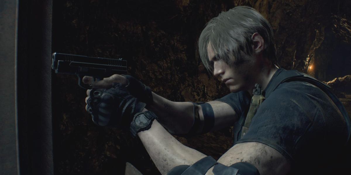 Leon mirando o Blacktail no remake de Resident Evil 4