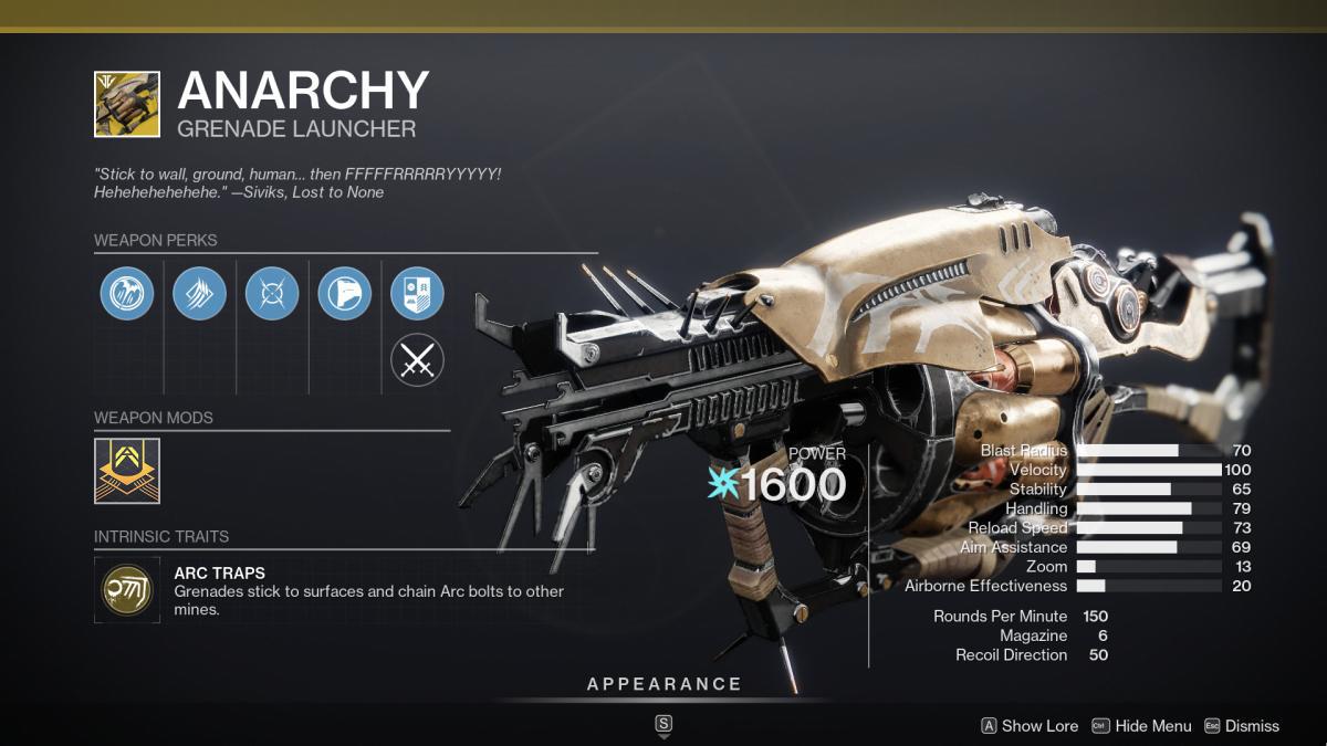 Destiny 2 Anarchy Exotic Grenade Launcher Raid Weapon