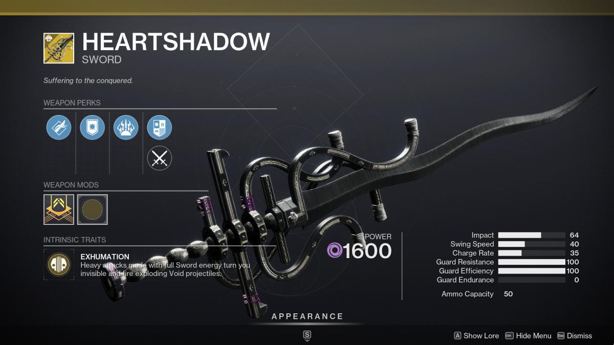 Destiny 2 Heartshadow Exotic Sword Raid Weapon