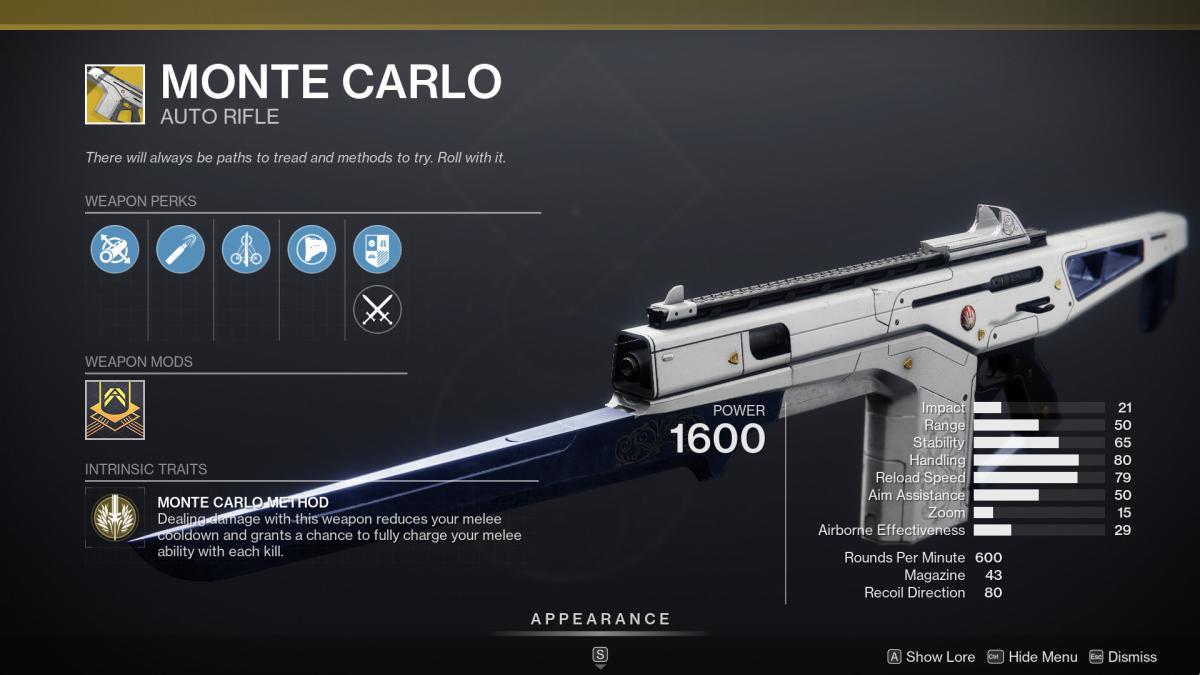 Rifle Automático Exótico Destiny 2 Monte Carlo