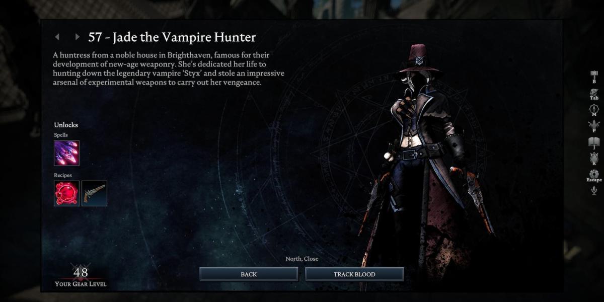 Tela de informações de Jade the Vampire Hunter em V Rising