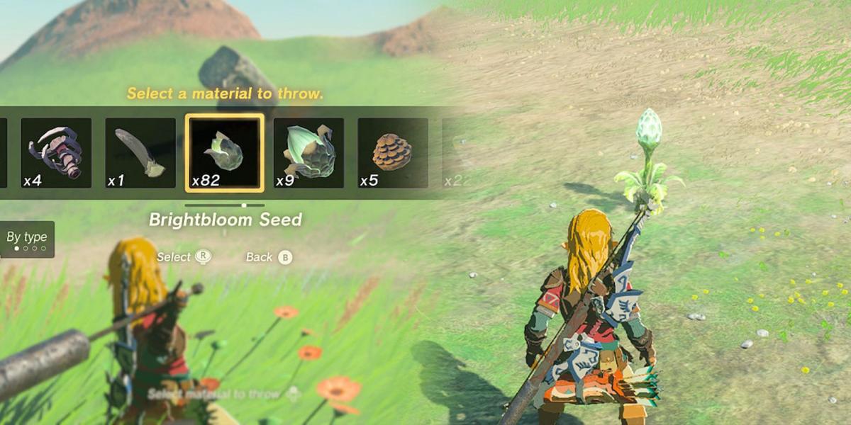 Legend of Zelda Tears of the Kingdom - Selecionando e jogando Brightbloom Seed Material com as mãos nuas