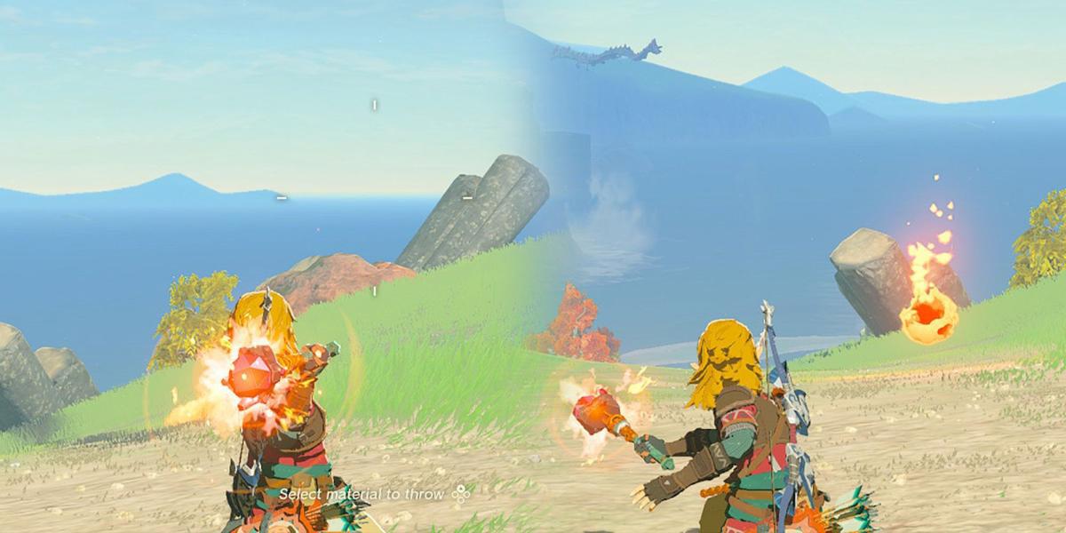 Legend of Zelda Tears of the Kingdom - Carregando e lançando bola de fogo da arma de rubi