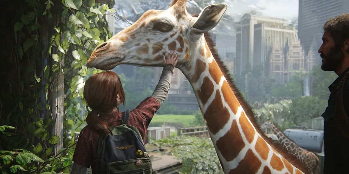 Imagem do remake de The Last of Us Part 1 mostrando Ellie acariciando uma girafa.