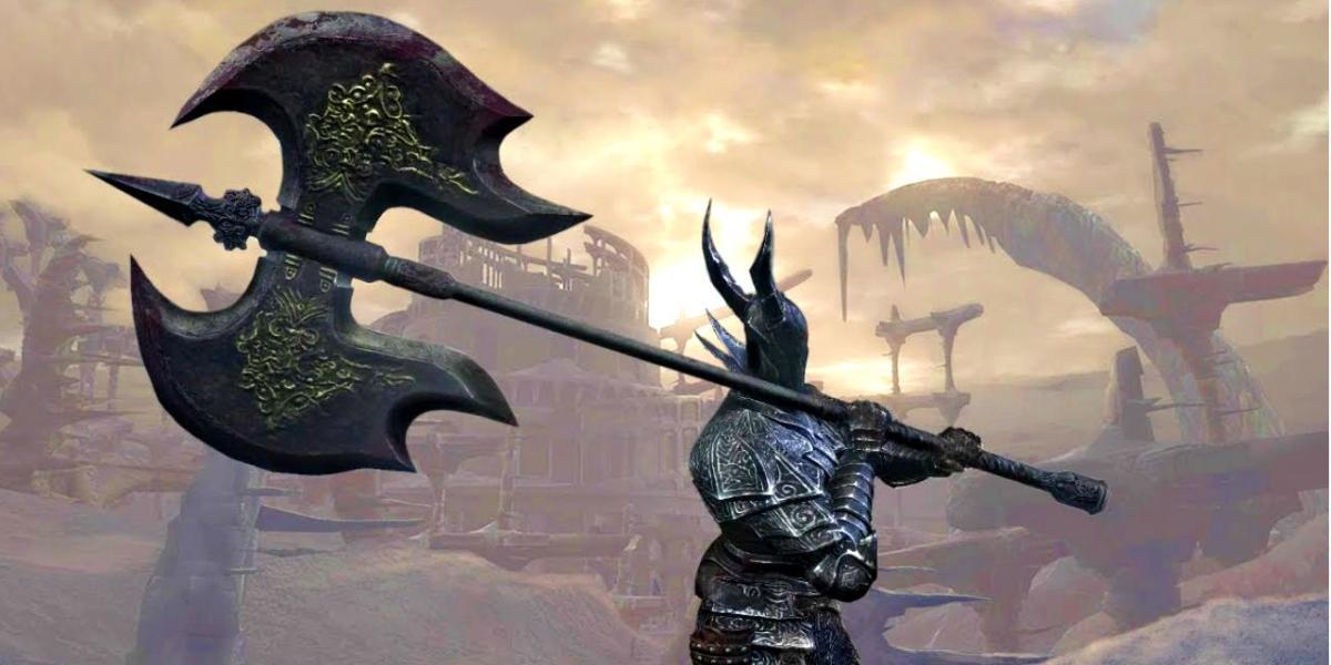 jogador em armadura de cavaleiro negro segurando um grande machado preto.