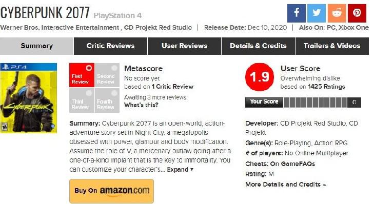 As pontuações de usuários do Metacritic do Cyberpunk 2077 são incrivelmente baixas