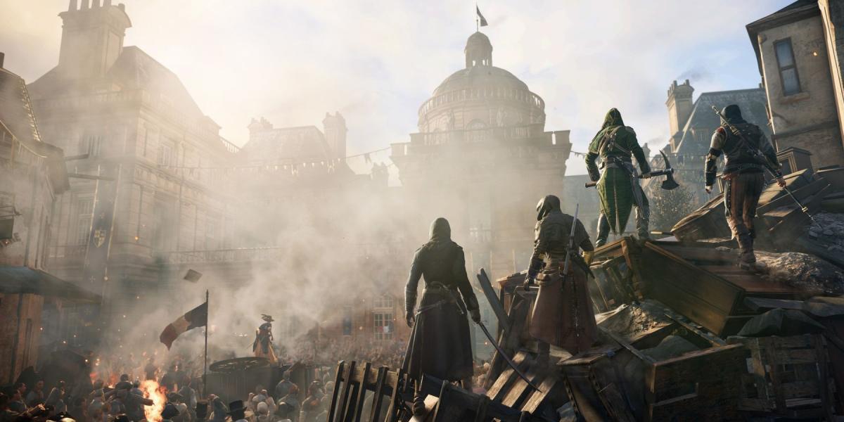 Imagem promocional do modo cooperativo de Assassin's Creed Unity