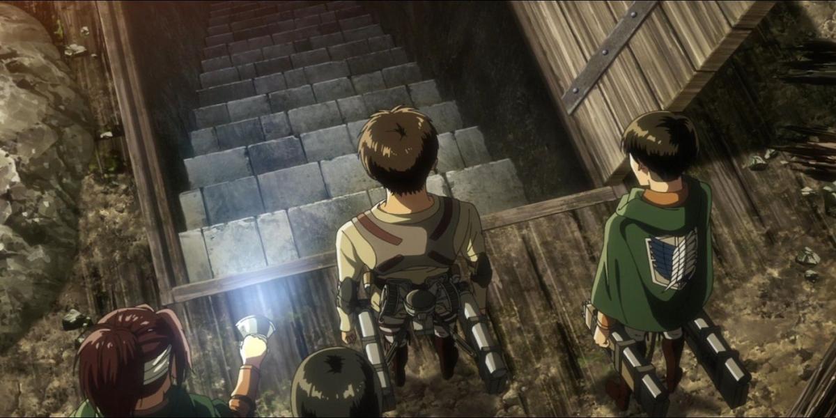 Hange, Mikasa, Eren e Levi vão para o porão dos Yeagers