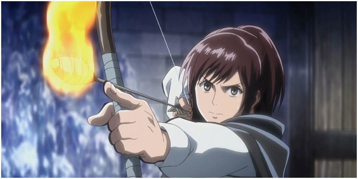 ataque ao titan anime sasha braus com arco e flecha de fogo