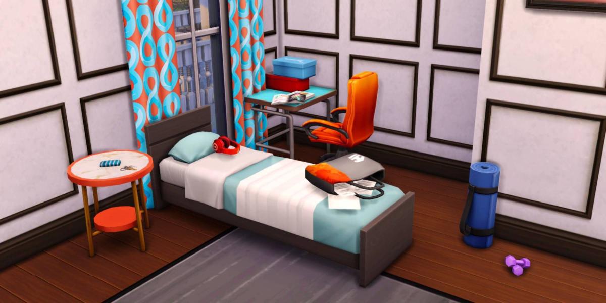 The Sims 4 Simkoos Clutter Dump Set exibido em um quarto com coloração azul e laranja
