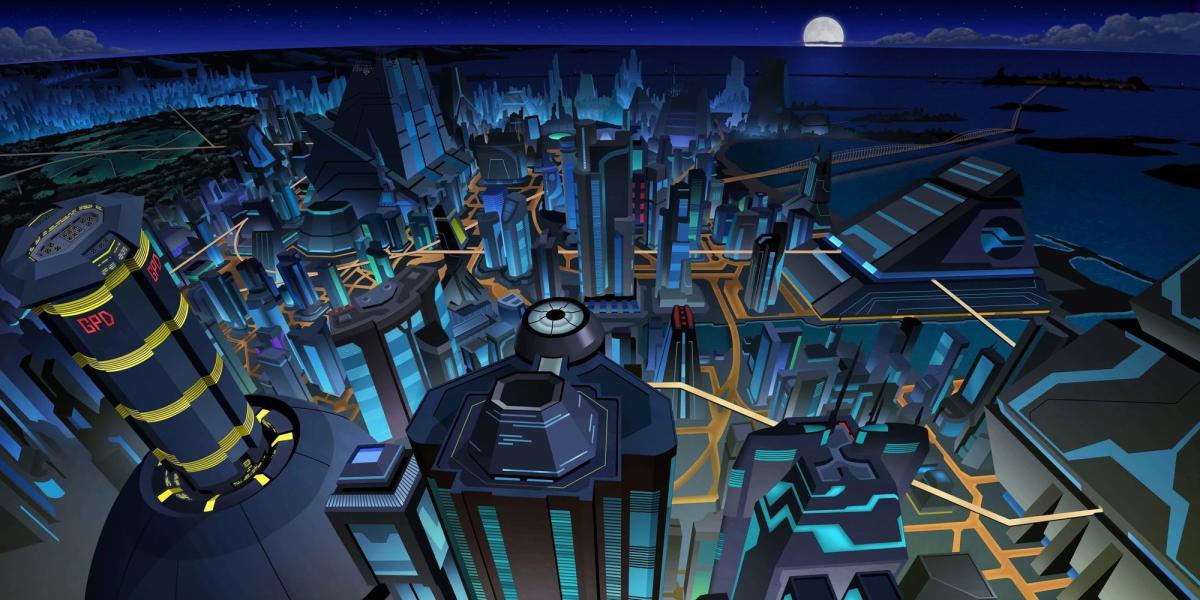 Foto aérea da Neo Gotham City de Batman Beyond, com um tom azul e arranha-céus. Fonte da imagem: Batman.fandom.com