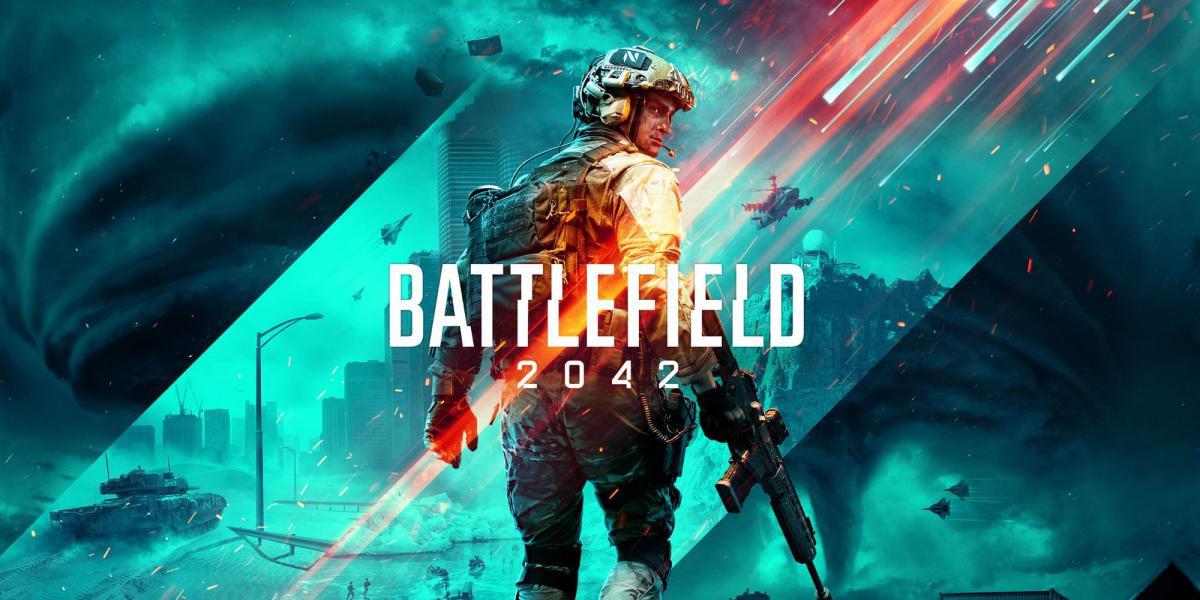 A imagem da capa do Battlefield 2042 mostrando um soldado de costas com uma zona de guerra ao fundo