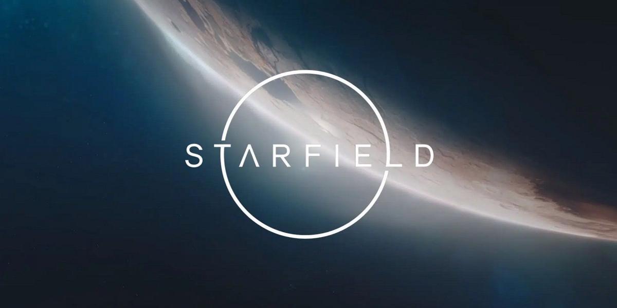 O logotipo Starfield com um planeta escuro e iminente ao fundo.