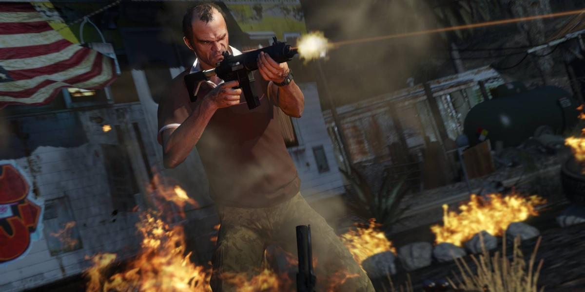 Trevor de Grand Theft Auto 5 disparando um rifle enquanto estava cercado por fogo