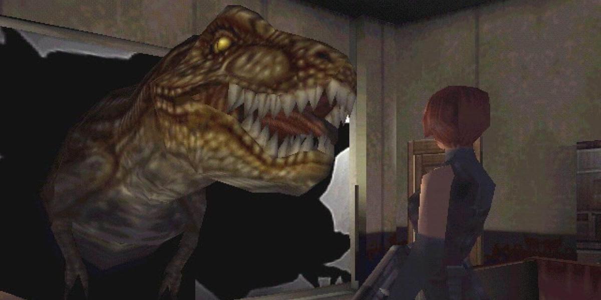 Captura de tela de um ataque T-rex em Dino Crisis