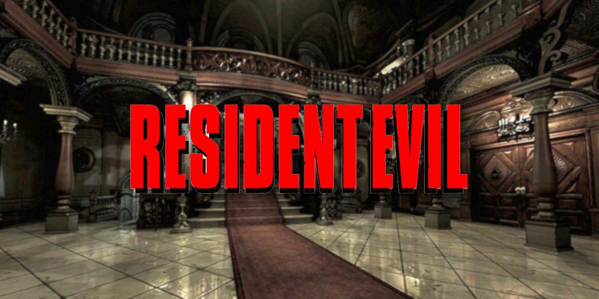 O logotipo original de Resident Evil com o hall de entrada da Mansão Spencer atrás dele.