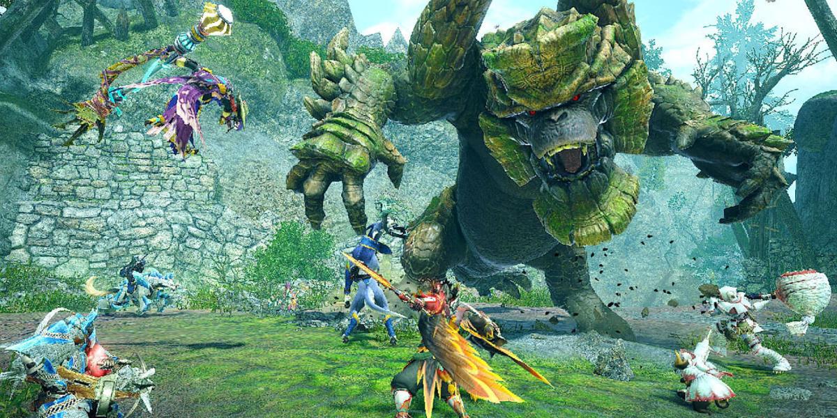 Imagem do kit de imprensa de Monster Hunter Rise - Sunbreak mostrando um grupo de pessoas lutando contra Garangolm-2