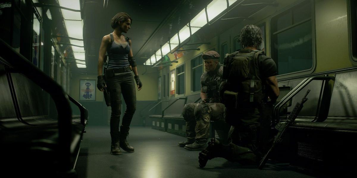 Captura de tela do remake de Resident Evil 3 mostrando Jill no trem com Mikhail e Carlos.