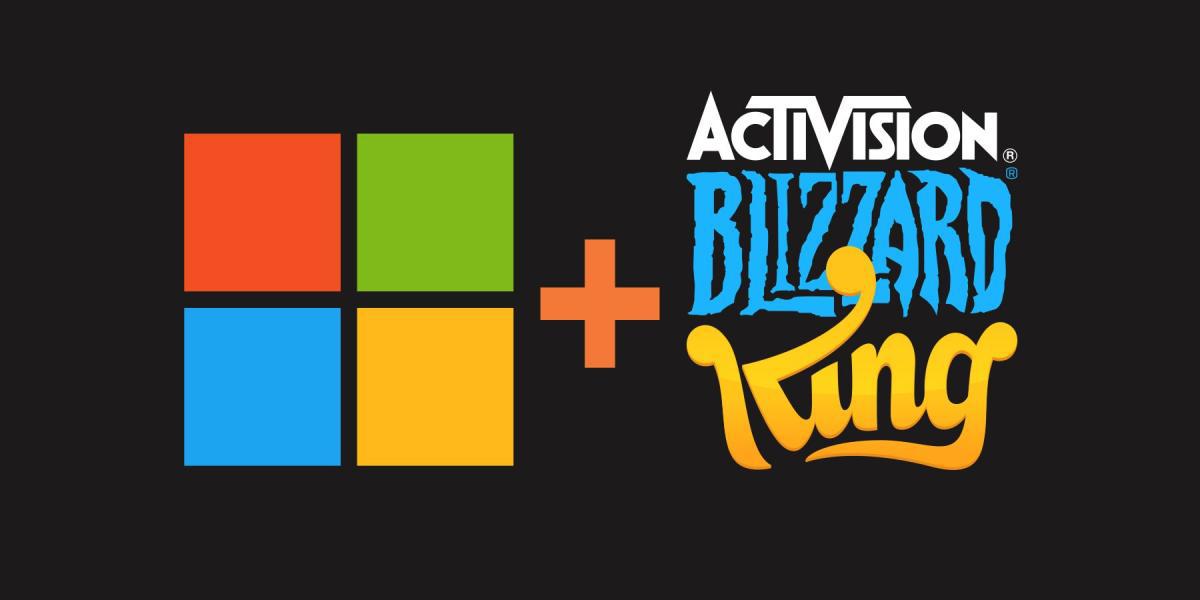 Logotipos Microsoft e Activision Blizzard King em fundo Eerie Black