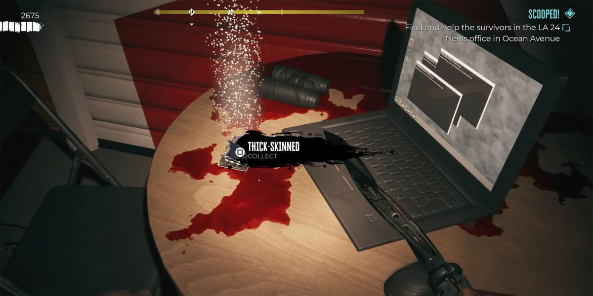 Dead Island 2 - Scooped - Cartão de pele grossa na mesa ao lado do guarda de segurança morto