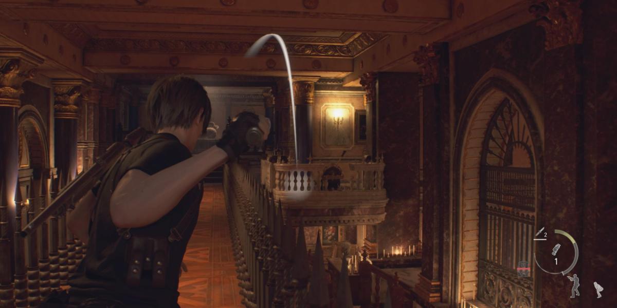 Leon lança uma granada de flash no remake de Resident Evil 4