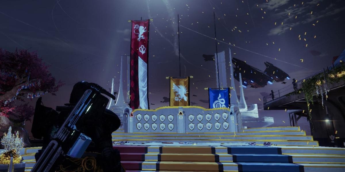 O pódio na Torre durante o evento Guardian Games de Destiny 2