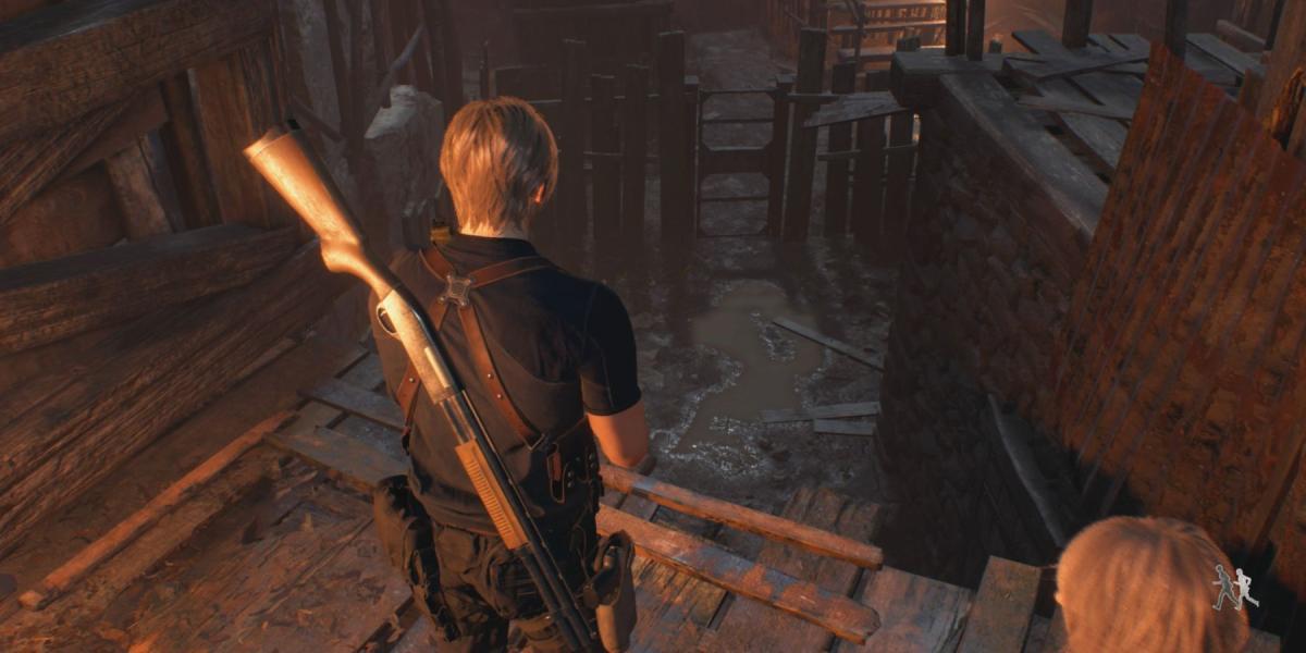 Leon examina o Checkpoint no remake de Resident Evil 4