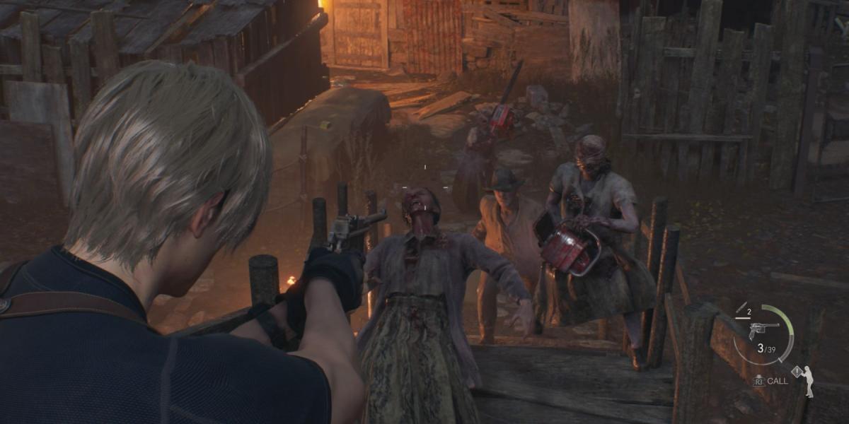 Leon mira em um enxame de inimigos no remake de Resident Evil 4