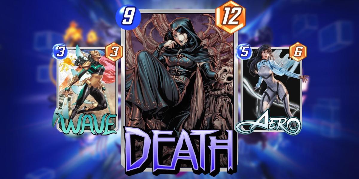 imagem mostrando as 3 melhores cartas do deck da morte no Marvel Snap.