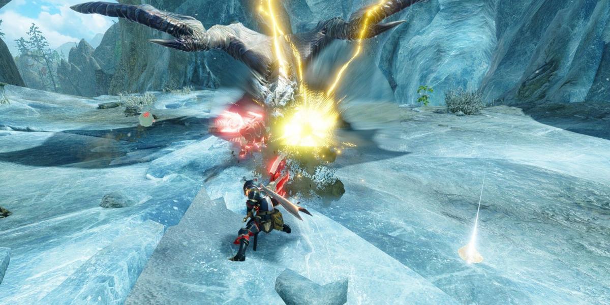 Monster Hunter Rise - Jogador usando Charge Blade Impact SAED contra Velkhana
