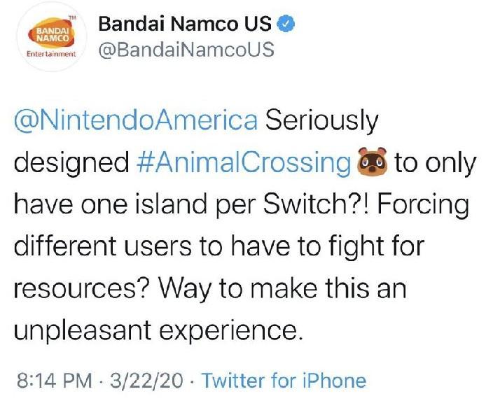 Conta do Twitter da Bandai Namco reclama sobre Animal Crossing: New Horizons, exclui tweet