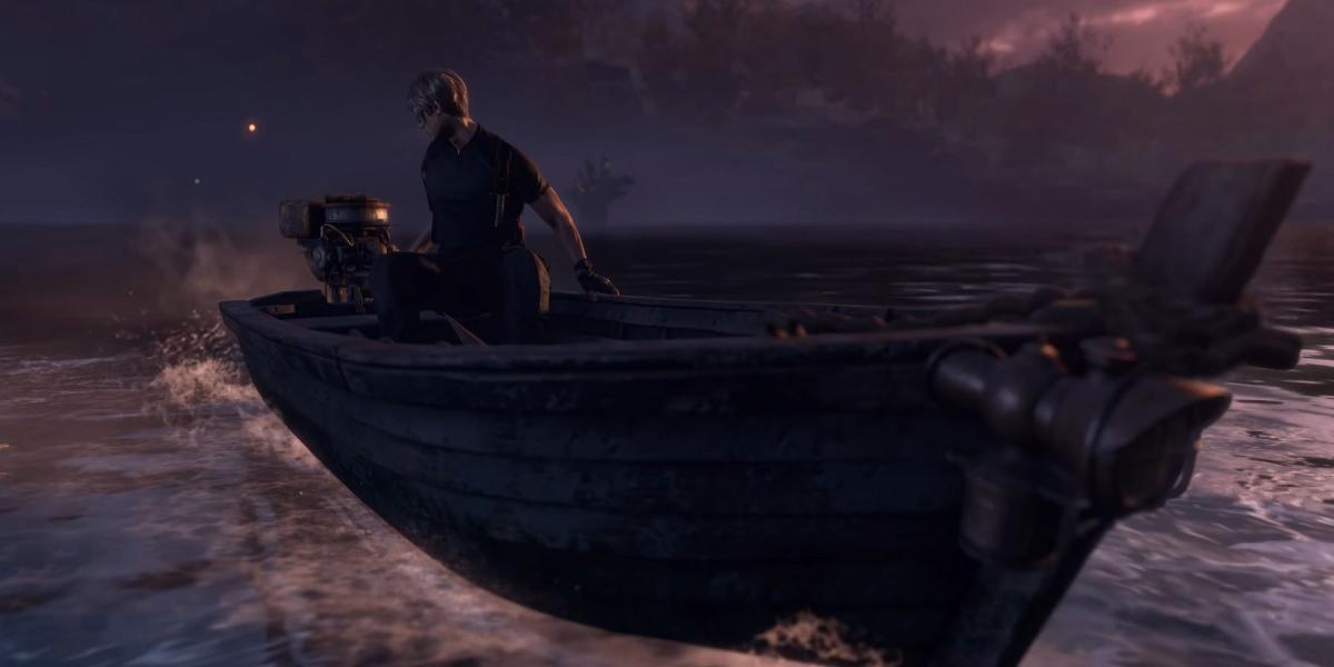 Imagem do remake de Resident Evil 4 mostrando Leon Kennedy em um barco no meio de um lago.