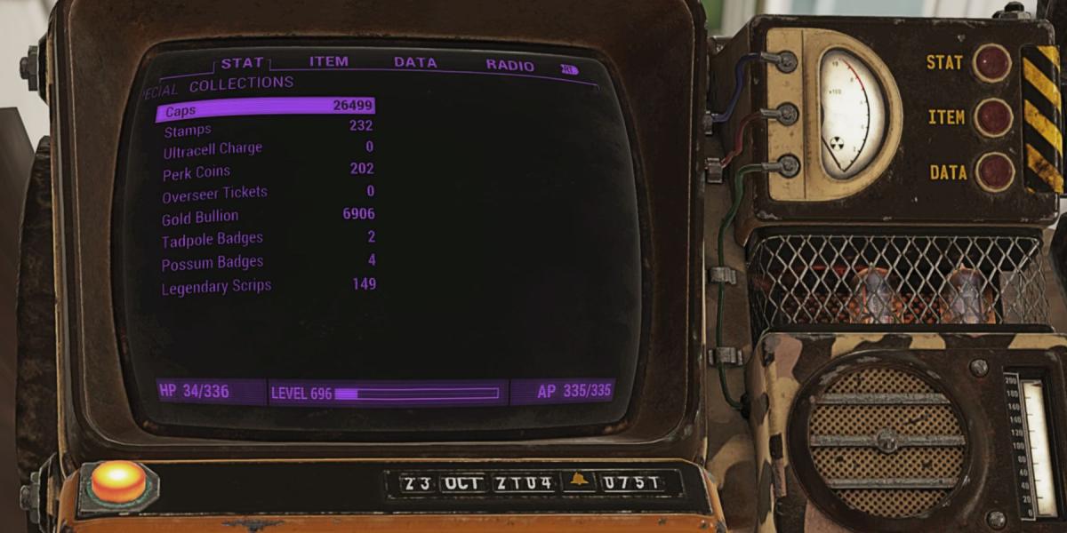 Inventário de moeda da guia Coleções de Fallout 76 Pip Boy