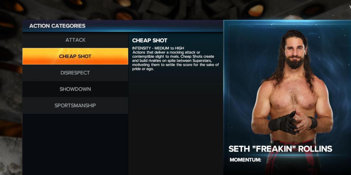 WWE 2K23 selecionando a ação de rivalidade para Seth Rollins