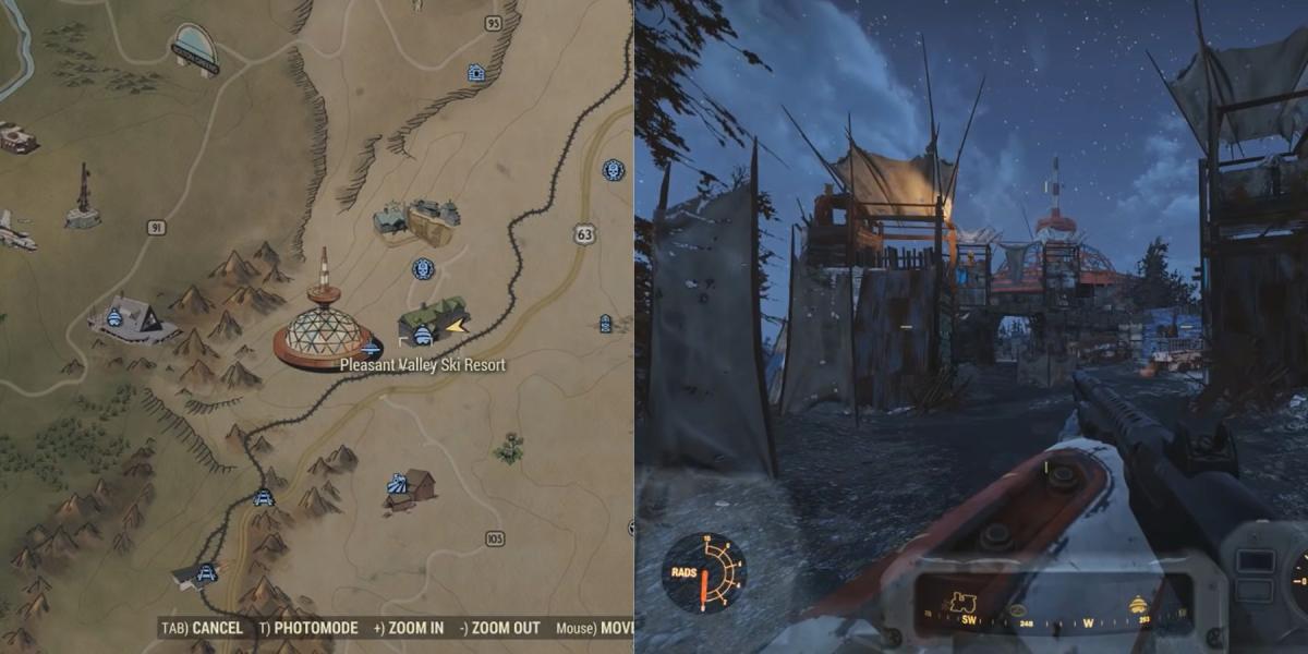 imagem mostrando a localização da fazenda de material de sucata no topo do mundo em Fallout 76.