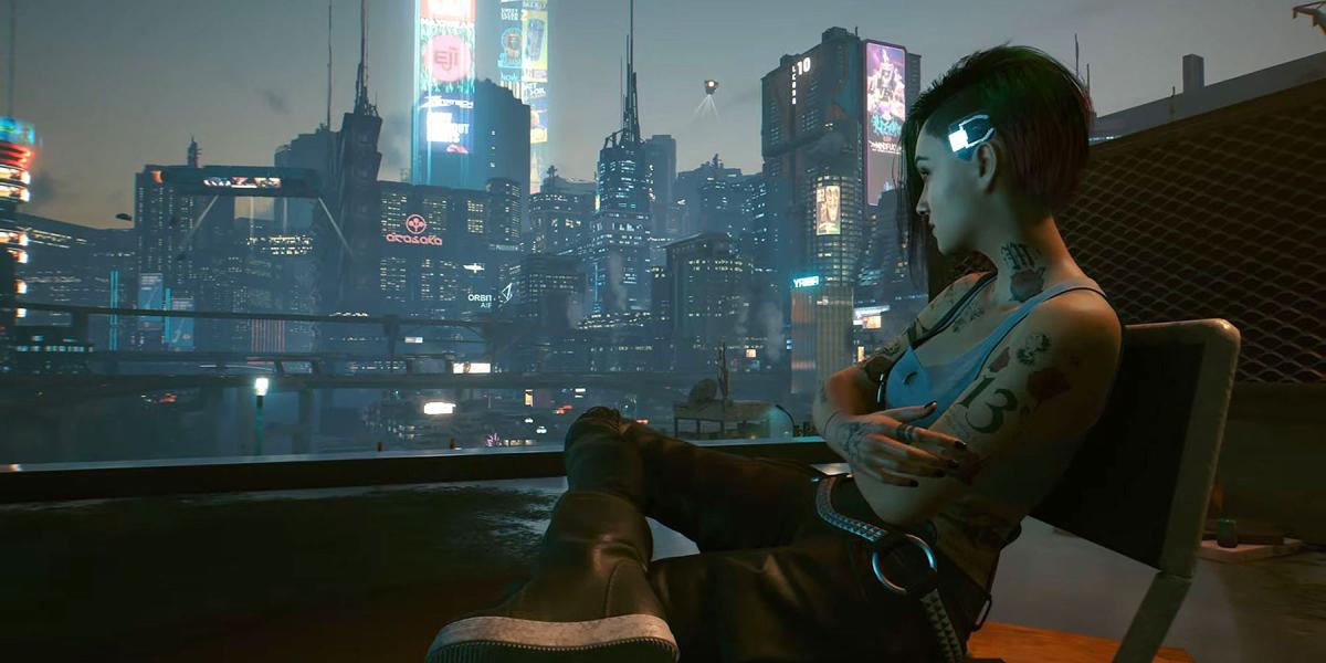 cyberpunk 2077 V sentado olhando a cidade à noite