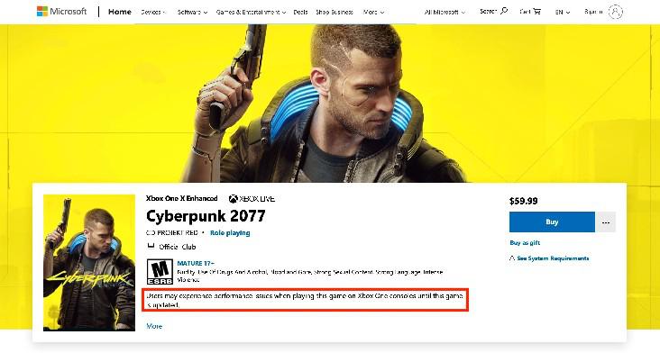 Cyberpunk 2077 na Microsoft Store agora tem um aviso de isenção de responsabilidade