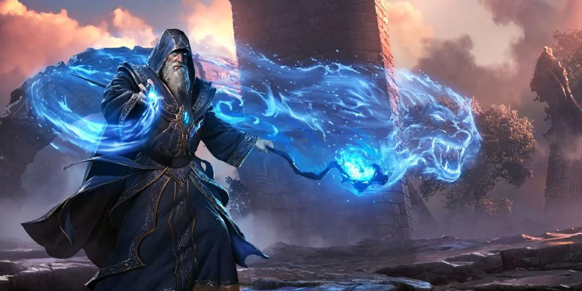 Um mago idoso cercado por chamas azuis enquanto lança um feitiço poderoso.