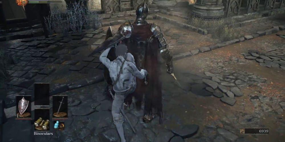 Um Ashen One Privado apunhala pelas costas um Cavaleiro Lothric em Dark Souls III