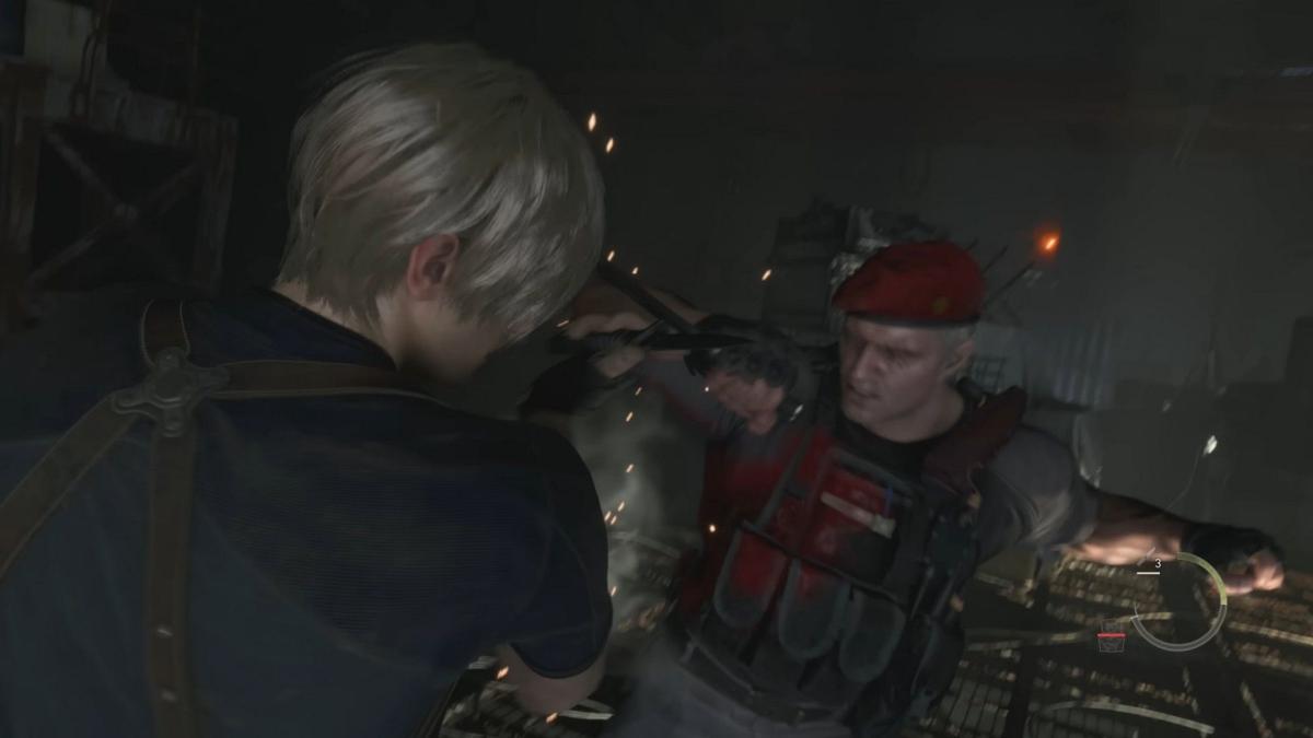 Resident Evil 4 Remake aparando Krauser 